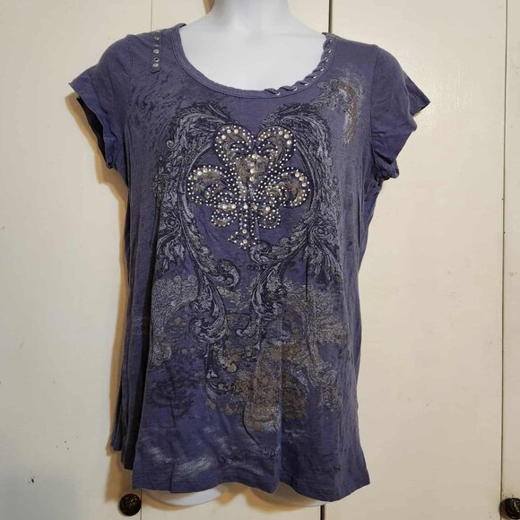 Y2K XXL RXB Cyber Grunge Fleur de Lis Rhinestone Rivets Short Sleeve Top - Picture 1 of 7